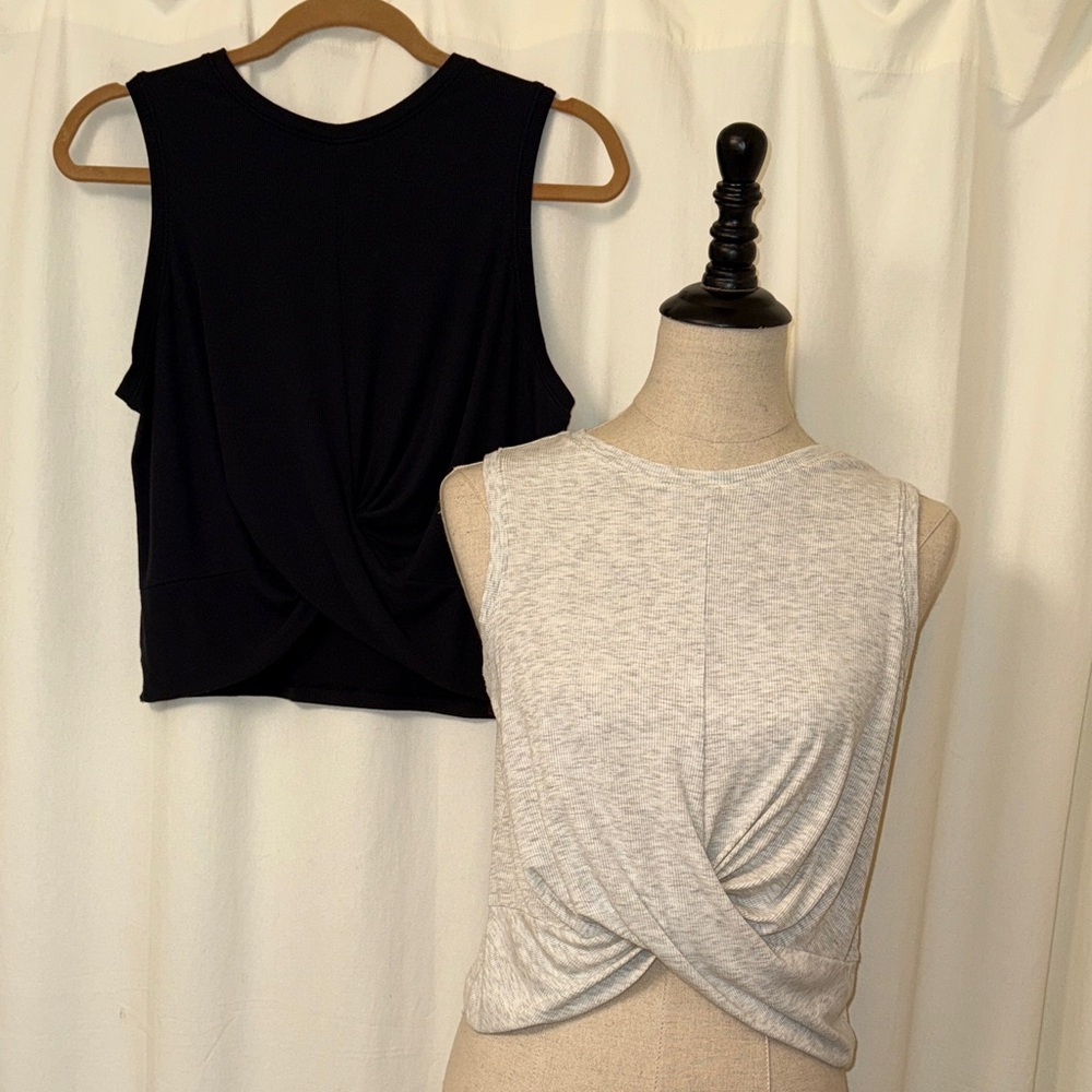 All in Motion Black and Gray Twist Crop Tops